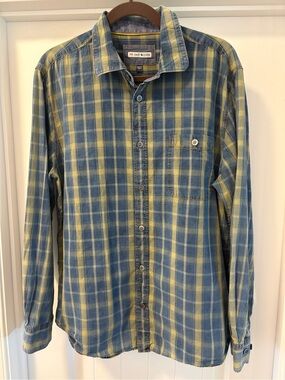 32 Bar Blues Men's Blue and Yellow Plaid Button-Down Shirt Size Large